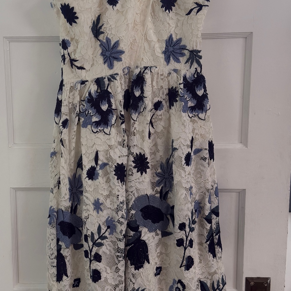 Tahari Blue and White Strapless Midi Sundress
